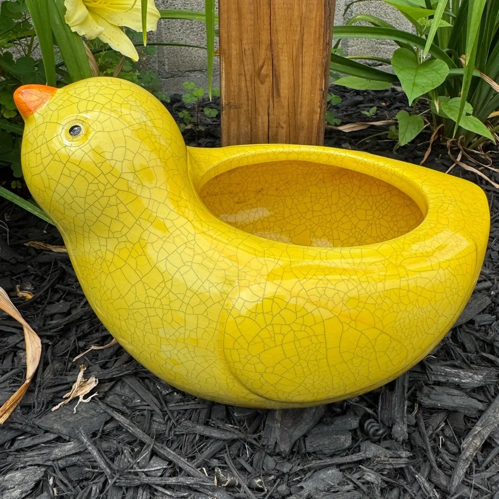 Harry & David Yellow Ceramic Bird Planter - Decorative Bird Feeder/Water Bowl